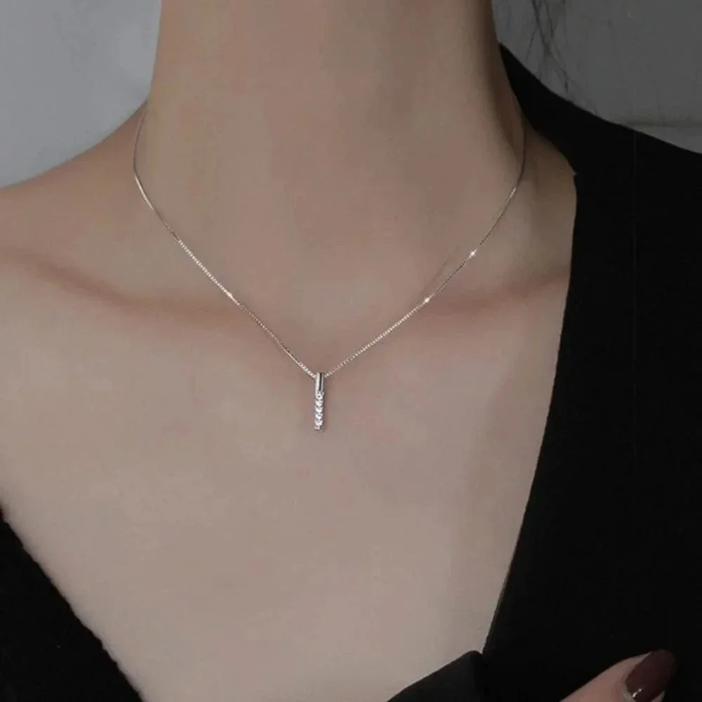 925 Sterling Silver Diamond Bar Strip Necklace